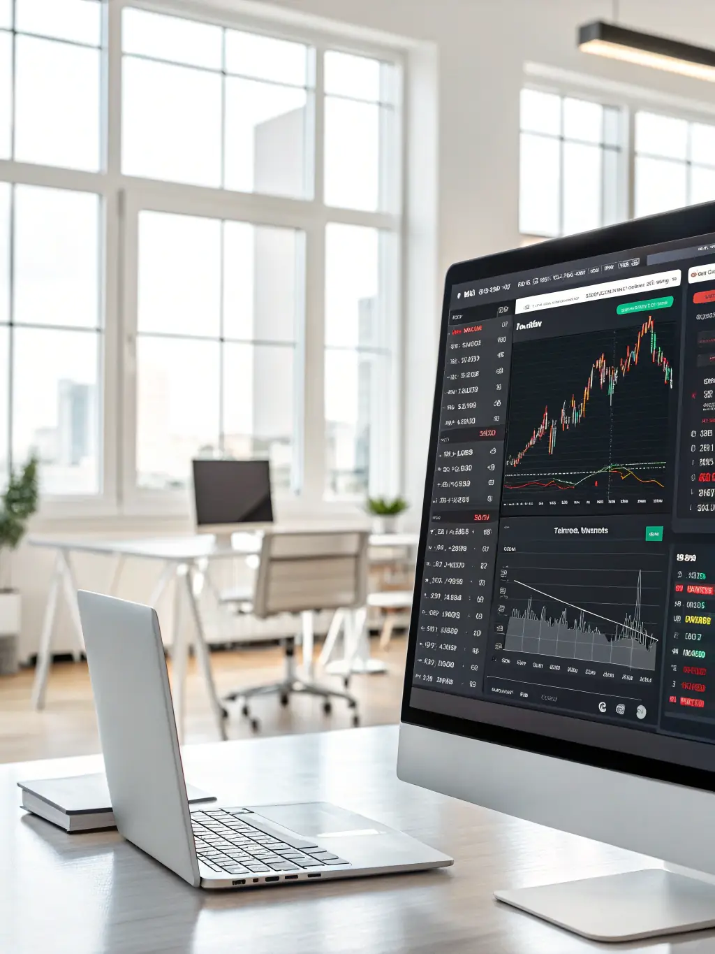 A professional, well-lit studio shot of the Questrade platform interface on a laptop screen, showcasing its trading dashboard and available investment options, emphasizing its user-friendly design for beginners.